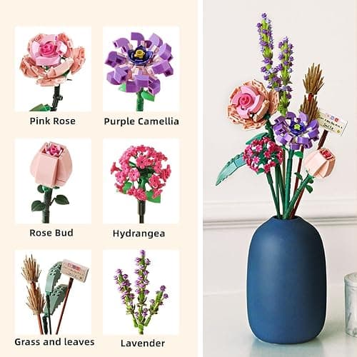Wealrotn Artificial Flowers Construction Set Flowers Plants Bouquet Fake Flowers for Decorations, Decoration Flower Rose Adults for Home Gift, DIY Gifts Brick Flowers thumbnail 2