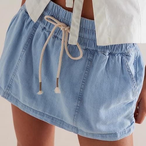 utcoco Womens 2025 Summer Denim Skirts Shorts Y2K Drawstring Elastic Low Wasit Jean Shorts with Pockets - Medium - Light Blue thumbnail 3