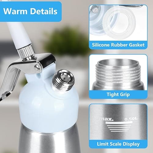 NATUREKIT Professional Whipped Cream Dispenser,Aluminum Body 1-Pint / 500 ml,Cream Maker with 3 Plastic Decorating Tips and 1 Cleaning Brush thumbnail 3
