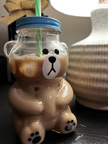 Kawaii Bear Sippy Cup 19oz, Clear Bear Glass Cup with Lid and Straw, Leak-Proof Clear Cup for Juice Milk Tea Smoothies Infused Water Beverage Food Grade thumbnail 7