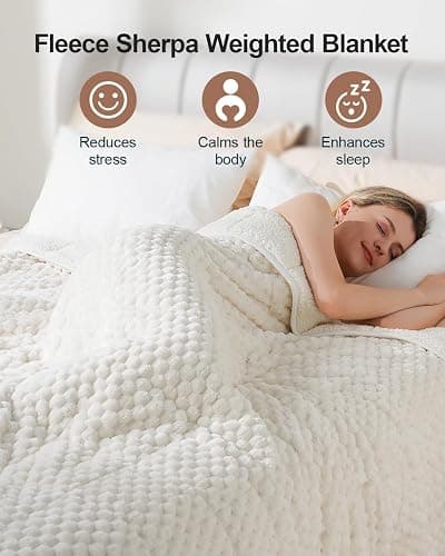 Super Soft Luxury Fleece Sherpa Weighted Blanket 15 lbs for Adults, Turtle Shell Fuzzy Cozy Warm Weighted Throw for Winter, Ceramic Beads Washable Heavy Blankets for Couch Bed, Cream White, 60"x80" thumbnail 2