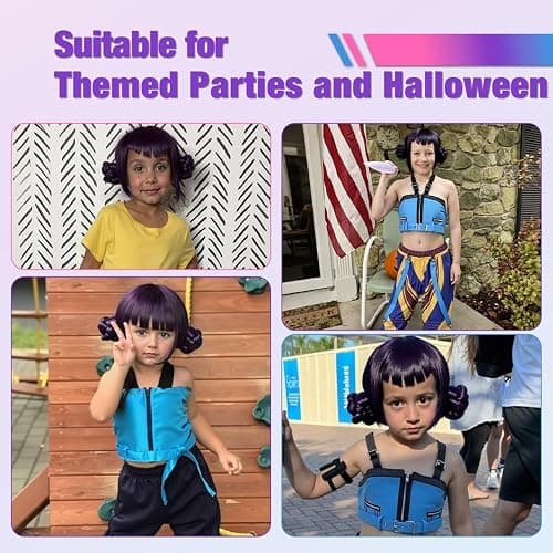 FantaLook Short Black Purple Cosplay Wig with 2 Buns for Halloween Party Costume（Small Size） thumbnail 3