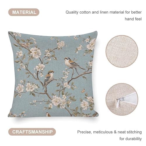 Linen Cushion Case Outdoor Home Decoration Boho Bird And Wildflower Design Cushion Cover Blue Green Taupe Floral And Bird-6 Throw Pillowcases Home Decoration for Sofa Couch Living Bed Room 20"x20" thumbnail 5