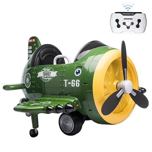 TOBBI Electric Car for Kids Ride On Airplane Toy w/Bombing Sound and Music | Battery Powered 12V Kids' Electric Vehicle Rideable Airplane with Remote Control for Toddlers Ages 3+ Years, Green - Image 1