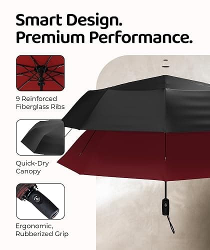 Windproof Travel Umbrella - Compact & Withstands Winds up to 100MPH, Strongest Premium Auto Folding Umbrella for Rain and Sun - Durable, Light & Portable for Women & Men, Fits Backpack & Cars thumbnail 3