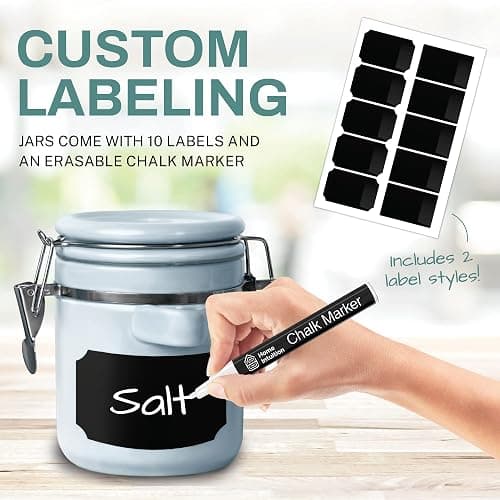 Home Intuition 4-Piece Ceramic Kitchen Canisters Set, Airtight Containers with Wooden Spoons Reusable Chalk Labels and Marker for Sugar, Coffee, Flour, Tea (Light Blue) thumbnail 2