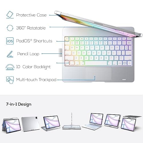 typecase Touch Keyboard Case for iPad Air 11"(M4/M3/M2, 2026/2025/2024) & Pro 11(Gen 1-4), Air 5/4 – 360° Rotatable, 11-Color Backlit, Multi-Touch Trackpad, Pencil Holder, Thin & Light, Silver thumbnail 4