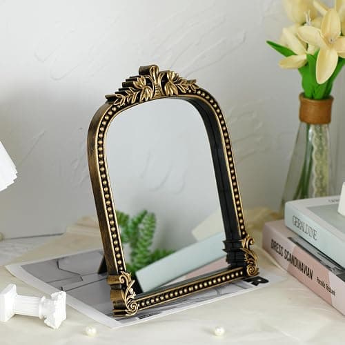 LuHeToz Vintage Gold Plastic Arched Makeup Mirror, Standing, Hanging or Wall Mount, Bathroom, Living Room, Bedroom Decorative Mirror (Bronze-10.6x8.6 inch) thumbnail 5