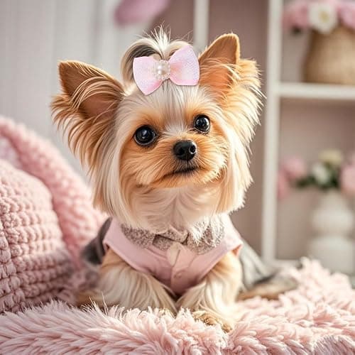 20 PCS Cute Dog Hair Bows with Rubber Bands Elastic Handmade Mix Style Lace Rhinestone Pearls for Furry Puppy Cat Pet Girl, Pink thumbnail 6