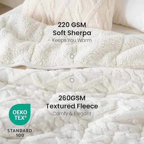 Drewin Weighted Blanket 15lbs Queen Size, Soft and Thick Jacquard Sherpa Heavy Blanket for Calming and Relax, Dual Sided Ultra Soft Fuzzy Throw Blanket with Ceramic Beads, 60 x 80 inches, Cream White thumbnail 4