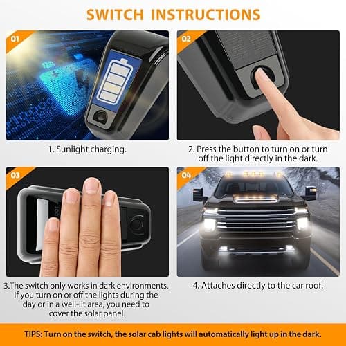 DEERMOTO 5PCS Solar Cab Lights White Wireless No Drill Car Roof Top Marker LED Warning Light Smoke Lens IP67 Waterproof Truck Roof Light Compatible with Pickups Trucks Ford Dodge Ram GMC SUV Toyota thumbnail 5