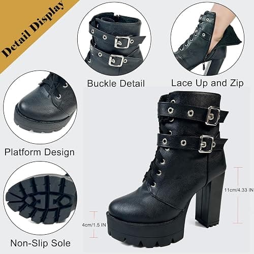 MEOTINA High Heel Boots for Women Black Heeled Chunky Heel Boot Platform Goth Shoes Lace Up Ankle Booties with Zipper thumbnail 6