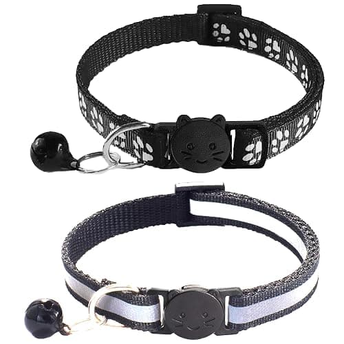 zulinlong 2 Pack Breakaway Cat Collars with Bells, Reflective Design and Claw Print Design, Safety Buckle Kitten Collars Adjustable from 7.5 to 12.5 Inches (Black) - Image 1