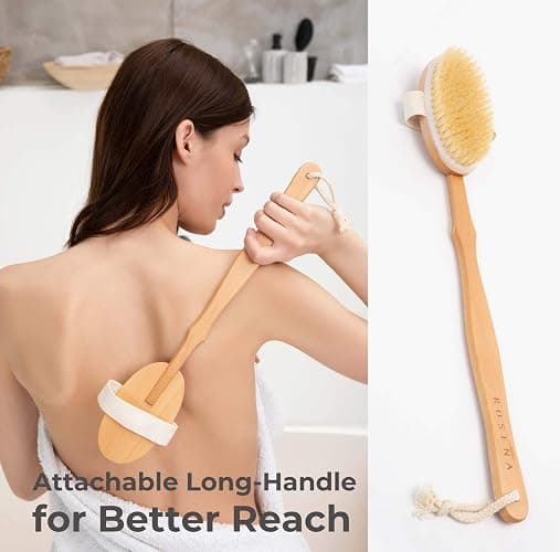 Dry Brushing Body Brush Set – Natural Bristle Spa Exfoliator Kit with Face Cleansing Brush, Long Dry Brushing Body Brush for Lymphatic Drainage & Massaging Cellulite Brush for Smooth, Radiant Skin thumbnail 4