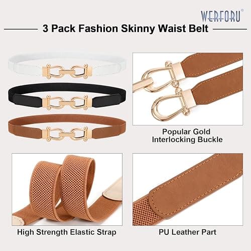 WERFORU 3 Pack Women Skinny Elastic Waist Belt Gold Buckle Stretchy Thin Belt for Jeans Dress thumbnail 3