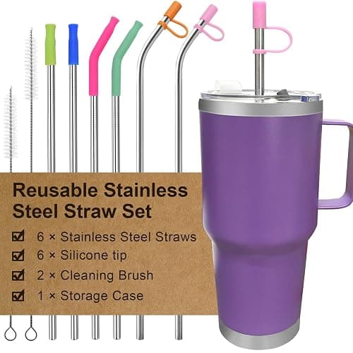 Reusable Stainless Steel Straws Set 6 PCS with 6 Silicone Tips, 2 Straw Brush, 1 Storage Case, Different Sizes of Metal Straws Reusable, Suitable for 14, 20, 30 oz Cups Tumbler, for Hot/Cold Drinks - Image 1