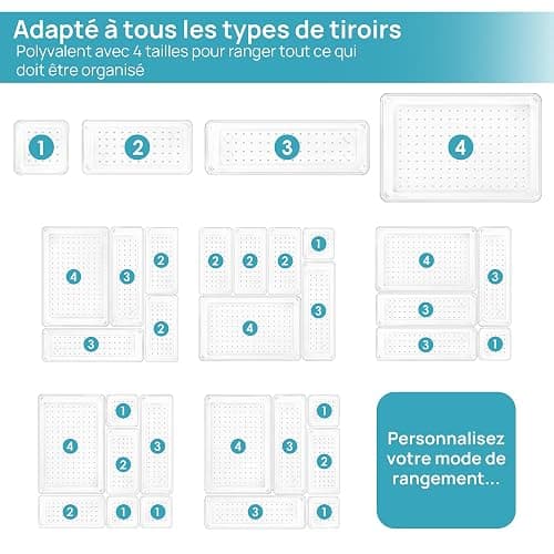 Vtopmart Organisateu Tiroir, Plastique Rangement Tiroir, 4 Tailles, 25 Pack | Design Transparent Empilable, pour Salle de Bain, Coiffeuse, Cuisine et Bureau, Livré avec Tapis Antidérapan, Facile Nettoyer thumbnail 7