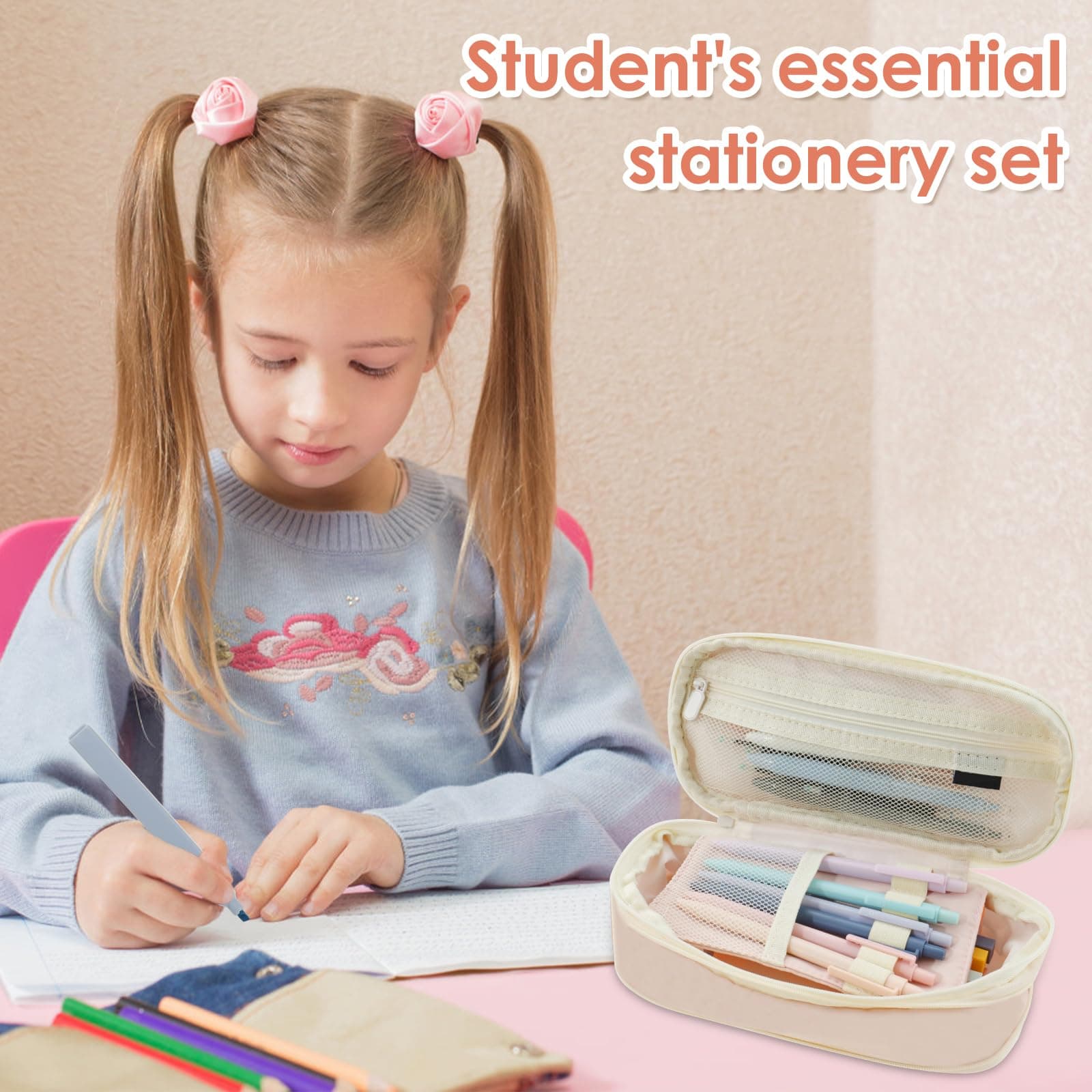 40Pcs Stationery Supplies Set, Multi-Purpose Pencil Case Includes Large Capacity Pen Pouch Bag, Mechanical Pencil, Lead Refill, Gel Ink Pen, Scissors, Ruler, Sharpener for School Supplies (Pink) thumbnail 7