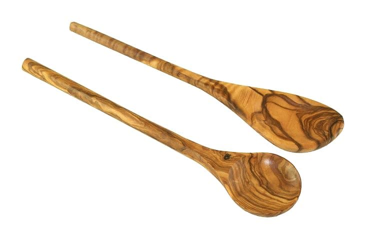 Set of 2 Olive Wood Round Cooking Spoons with Corner - Image 1