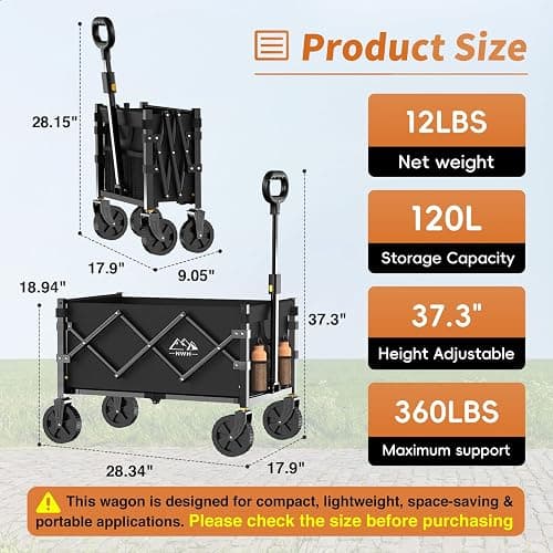 NWH Collapsible Wagon Cart with Wheels Foldable, 360LBS Large Capacity Portable Folding Utility Heavy Duty Beach Wagons Cart with All-Terrain Wheels for Groceries Shopping, Camping, Sports, Garden thumbnail 2