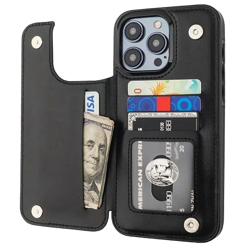 Onetop Compatible with iPhone 15 Pro Max Wallet Case with Card Holder, PU Leather Kickstand Card Slots Case, Double Magnetic Clasp and Durable Shockproof Cover 6.7 Inch (Black) - Black - Image 1