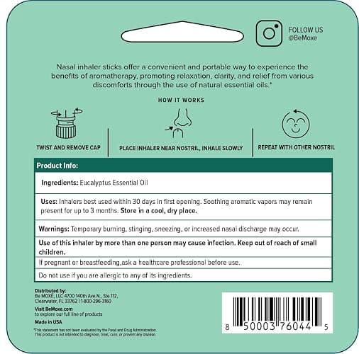 MOXĒ Eucalyptus Essential Oil Nasal Inhaler, Sinus & Congestion Relief, Daily Relaxation, Stress Relief, Therapeutic No-Mess Aromatherapy, Pure and Natural, Made in USA (3 Pack) packaging may vary thumbnail 2