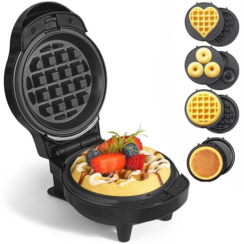 UVFAST Mini Waffles Maker with 8 Removable Plates, 4 in 1 Small Waffle Maker Mini- Waffle, Heart Waffle, Pancake, Donut, 4.5" Non Stick Waffle Iron for Kids and Families, Black - Image 1