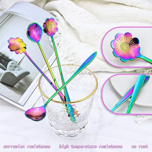 LEEFONE Flower Spoon Set of 4, 7 Inches Stainless Steel Reusable Cute Tea Spoon for Drink Mixing Milkshake Jam (Rainbow) thumbnail 5