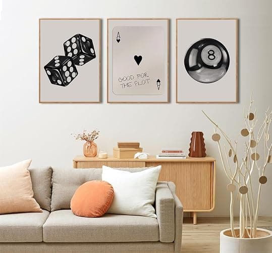 3Pcs Black and White Poker Dice Wall Art Funky Retro Y2K Trendy Preppy Pictures Lucky 8 Ball Poster Canvas Prints Artwork Painting for Game Room Apartment Dorm Aesthetic Decor 12x16in Unframed thumbnail 4
