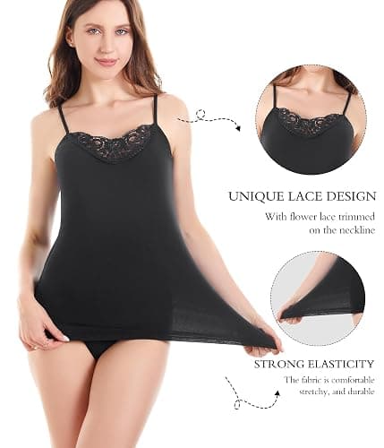 Womens Tank Top Camisoles with Premium Cotton Italian Design - Trimmed with Flower Lace on Neckline thumbnail 3