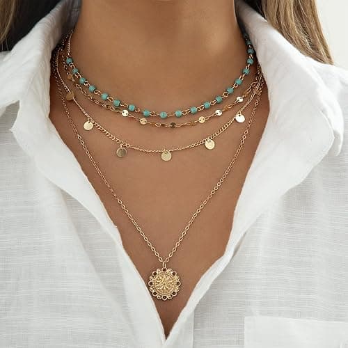 Taichell Gold Layered Turquoise Necklace for Women Multi Boho Long Necklace Bohemian Coin Pendant Necklaces Jewelry thumbnail 4
