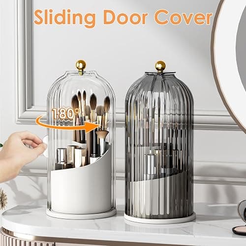 YOOLENS Makeup Brush Holder with Lid 360 Rotating Clear Dustproof Make Up Organizers for Vanity Bathroom Countertop, Transparent thumbnail 3