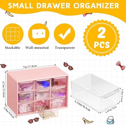 Wenqik 2 Pcs Mini Storage Drawers Teacher Toolbox Organizer with 9 Clear Drawers Small Plastic Desktop Teacher Desk Craft Organizer for Classroom Office 7" x 3. 9" x 4. 7"(Pink) thumbnail 2