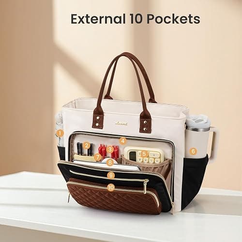 LOVEVOOK Insulated Lunch Bag, Large Capacity Tote with Lunch Compartment, Laptop Bag with Cup Holder, Work Bags for Women, Nurse Lunch Tote for Office, Picnic, 15.6 Inch Black-Beige-Brown thumbnail 4