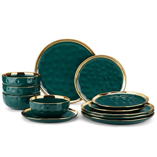 LOVECASA 12 Pieces Plates and Bowls Sets, Porcelain Green and Gold Dinnerware Sets, Round Dinner Plates Dishes Set Service for 4, Dishwasher Safe and Scratch Resistant, Green - Image 1