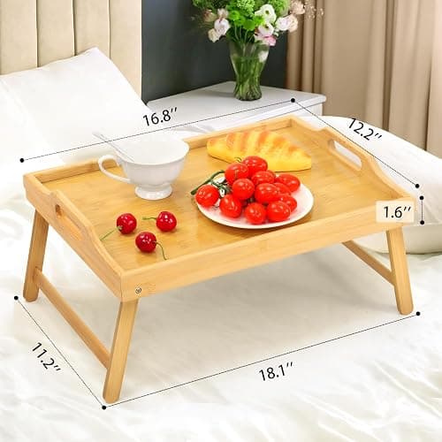 Bamboo Bed Tray Table, Folding Legs and Handles, Breakfast Tray, Laptop Desk for Bed or Sofa, Serving Tray for Eating, Working, Reading,Picnic thumbnail 3