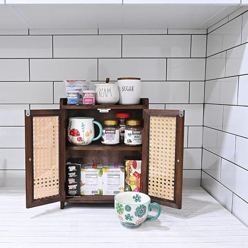 Ikee Design Wood Storage Cabinet with Rattan Doors, with Removable Shelves | COUNTERTOP ORGANIZER: Wooden cabinet with magnetic rattan doors and removable shelves for coffee, cups and pantry items. thumbnail 7