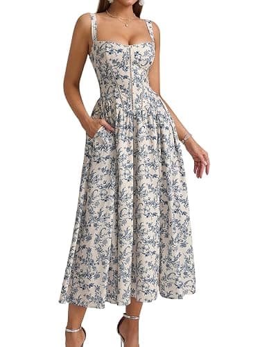 KUTUMAI Floral Corset Midi Dress Flowy Slit Summer Spring Wedding Guest Dresses for Women Sundress with Pockets - Image 1