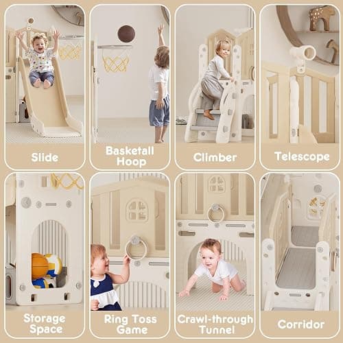 YUFU 8 in 1 Toddler Slide Set, Kids Slide for Toddlers Age 1-3, Toddler Playset with Climber, Basketball Hoop and Ball, Outdoor Indoor Playground for Toddlers 1-3 (Beige+Coffee) thumbnail 3
