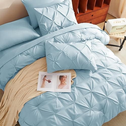 HIMEET Queen Comforter Set 7 Pieces Bed in A Bag Light Blue Luxury Soft Queen Size Bed Set Pintuck Pinch Pleat Bedding Sets with Comforter, Flat Sheet, Fitted Sheet and Pillowcases & Shams thumbnail 4