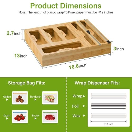 KOCWELL Bamboo Bag Storage Organizer - 2 Wrap Dispenser with Cutter & 4 Slots Food Storage Bags Container - Kitchen Drawer Plastic Bags Storage Organization for Gallon Quart Sandwich Snack Bags thumbnail 2