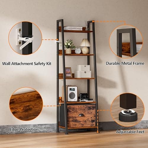 Furologee 5-Tier Ladder Shelf, Ladder Bookshelf with Removable Drawer, Rustic Bookcase Storage Rack Organizer, Wood Metal Freestanding Storage Shelf for Living Room, Home Office, Bedroom, Balcony thumbnail 4