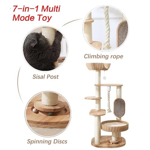 JLDUQKUM Wooden Cat Tree for Large Cat, 49.6IN Tall Cat Tower with Scratching Post for Indoor Cats, Multi-Level Cat Condo with Hand-Woven Cat Bed and Scratching Board Easy to Clean thumbnail 4