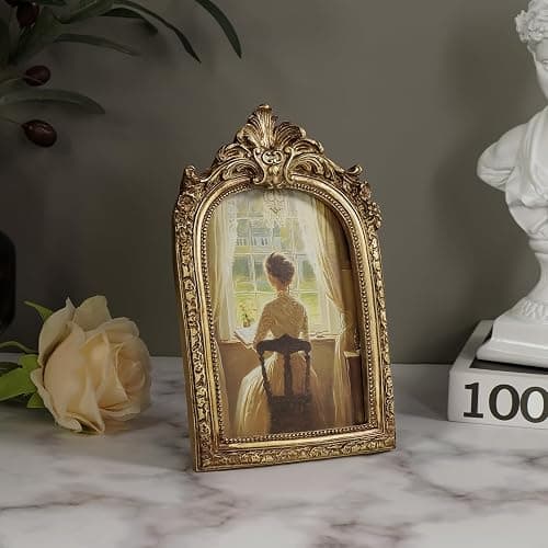 Cuspin Vintage 4x6 Picture Frame, Gold Ornate Resin Frames with Plexiglass Front for Tabletop and Wall Mounting, Antique Arched Photo Frame for Home Office Decor thumbnail 6