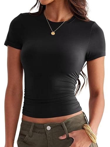 Womens Double Lined Tops Crewneck Short Sleeve Tees Basic Slim Fit T Shirts Y2K Summer Clothes 2025 thumbnail 2