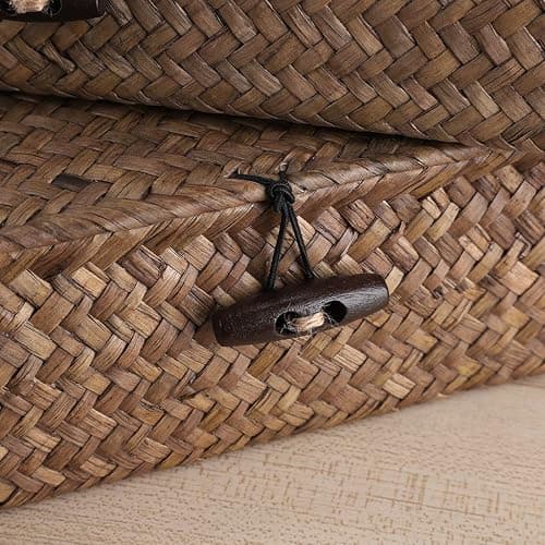 Hipiwe Set of 2 Flat Woven Wicker Storage Bins with Lid Natural Seagrass Basket Multipurpose Home Boxes for Shelf Organizer (Coffee) thumbnail 3