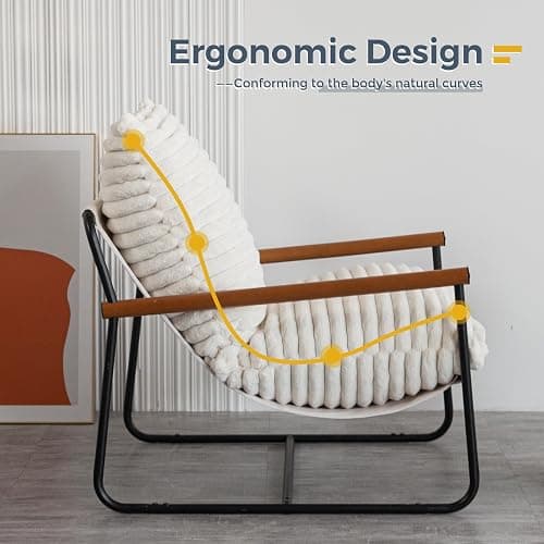 MAXYOYO Accent Chair, Sherpa Arm Chair for Living Room, Mid Century Modern Accent Chairs, Boucle Reading Bedroom Chair, Teddy Armchair, Wooden Arms Metal Frame - White thumbnail 8