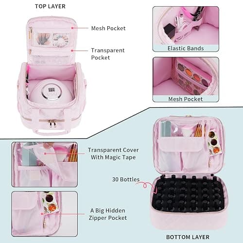 VOFIpremiAm Nail Polish Organizer Case Fits Nail Lamp and 30 Bottles,Nail Organizers and Storage for Nail Tech Travel,Pretty Nail Polish Storage Bag Fits Nail Kit & Manicure Tools (Patented) - Pale Pink - 30 Bottles thumbnail 3
