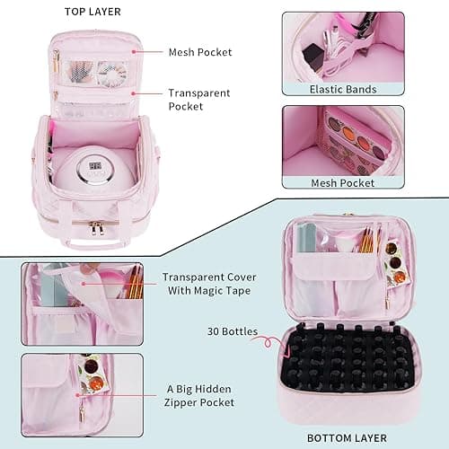 VOFIpremiAm Nail Polish Organizer Case Fits Nail Lamp and 30 Bottles,Nail Organizers and Storage for Nail Tech for Travel,Pretty Nail Polish Storage Bag Fits Nail Kit & Manicure Tools (Patented) - Pale Pink - 30 Bottles thumbnail 4