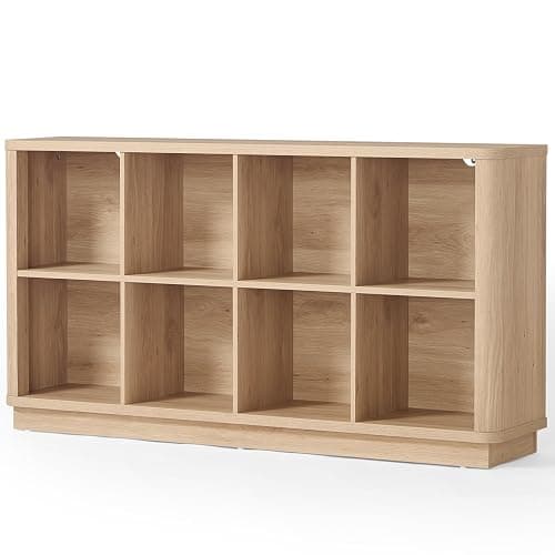 Joaxswe 8 Cube Storage Book Shelf, 52" Long Horizontal Bookshelf with Curved Edge, Floor Standing Wooden Cubby Bookcase with Base, Modern Low Console Book Case, TV Stand for Living Room, Natural Oak - Image 1